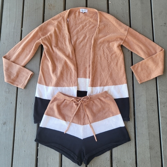 SABO Knit Lounge Set Mini Shorts Sweater Cardigan Striped Brown Black White XS - Picture 1 of 8
